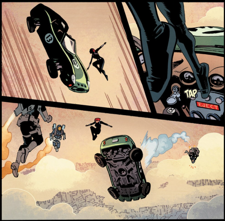 Black Widow er på flukt gjennom luften (Illustrasjon: Chris Samnee/Marvel Comics)