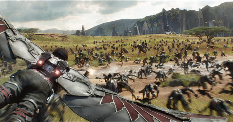 Marvel Studios' AVENGERS: INFINITY WAR..Falcon (Anthony Mackie) flying over Wakanda battlefield..Photo: Film Frame..©Marvel Studios 2018